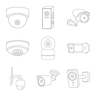 Cctv ve kamera işareti vektör tasarımı. Cctv ve sistem stok vektör çizim seti.