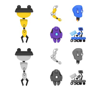 Robot ve fabrika simge vektör tasarımı. Hisse senedi için robot ve uzay vektör simge kümesi.