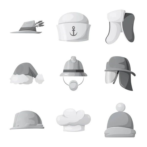 Vektorillustration von Kopfbedeckung und Mützensymbol. Set von Kopfbedeckungen und Zubehör-Vektor-Symbol für Lager. — Stockvektor