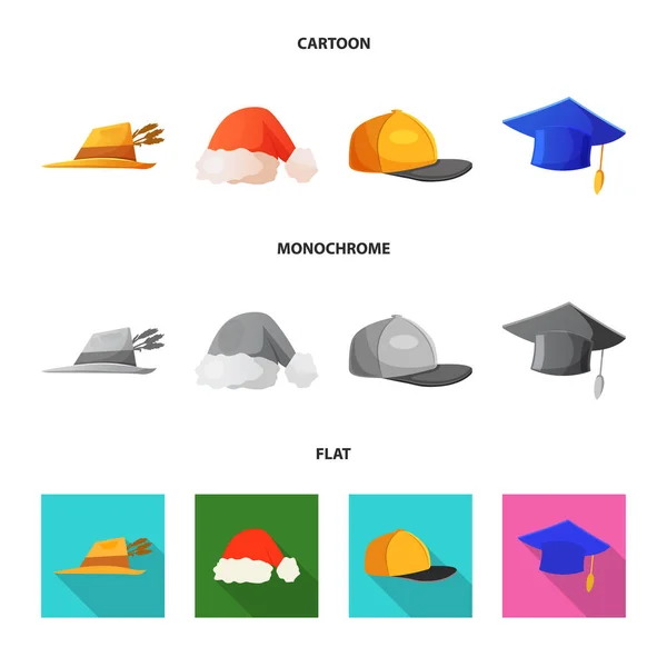 Vektorillustration der Kopfbedeckung und des Mützensymbols. Set von Kopfbedeckungen und Zubehör-Vektor-Symbol für Lager. — Stockvektor