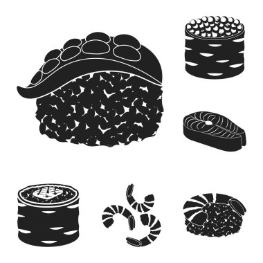 Vektör çizimi suşi ve balık işareti. Web için suşi ve mutfağı hisse senedi simgesi kümesi.