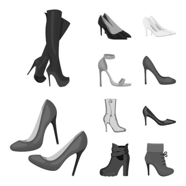 Topuk ve yüksek simgesi yalıtılmış nesne. Topuk ve stiletto hisse senedi vektör çizim topluluğu.