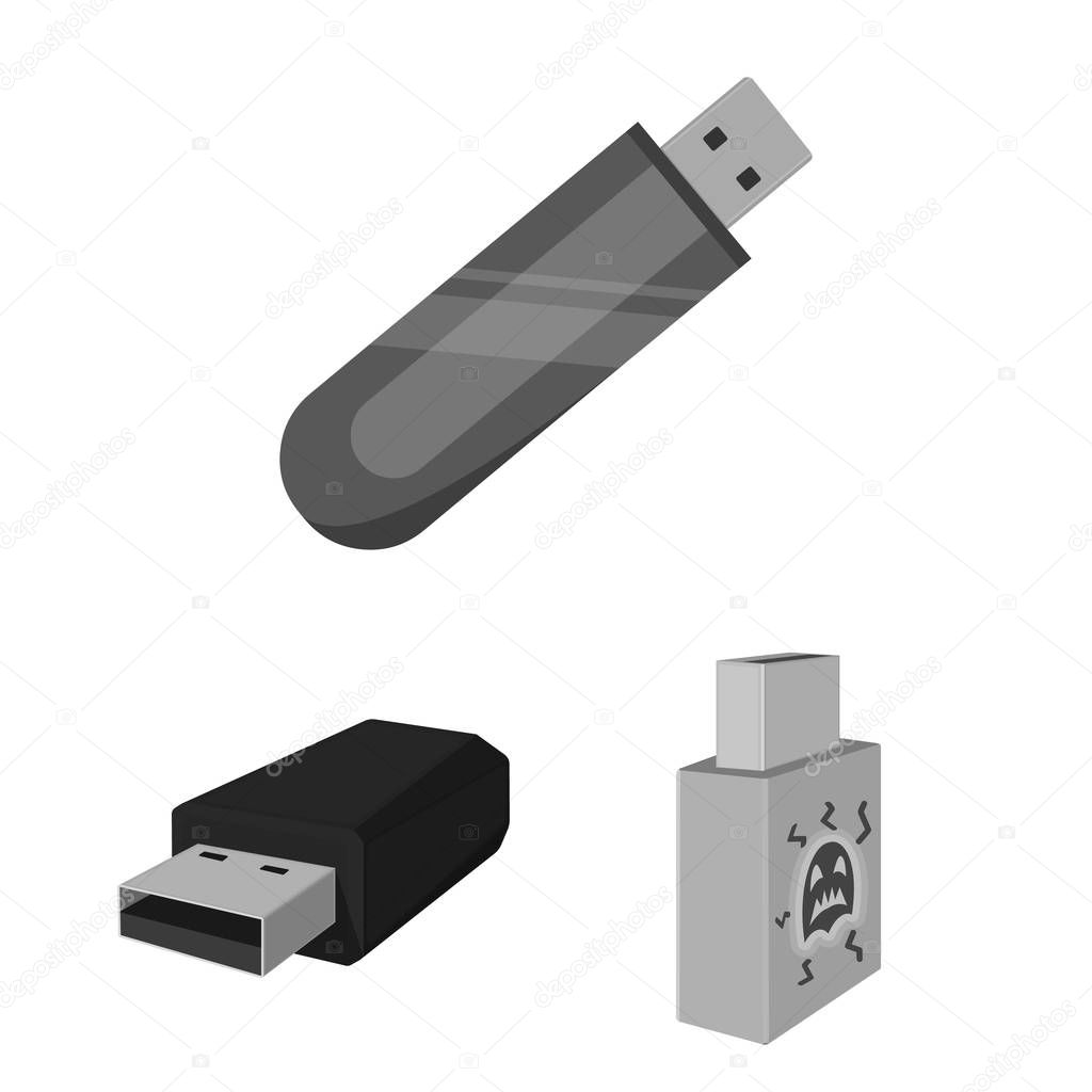 Vector illustration of usb and drive symbol. Set of usb and jump stock vector illustration.