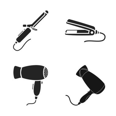 Saç ve saç kurutma makinesi simge vektör Illustration. Hisse senedi için saç ve saç ucuna ulaştığınızda düzleştiriciyi vektör simge topluluğu.