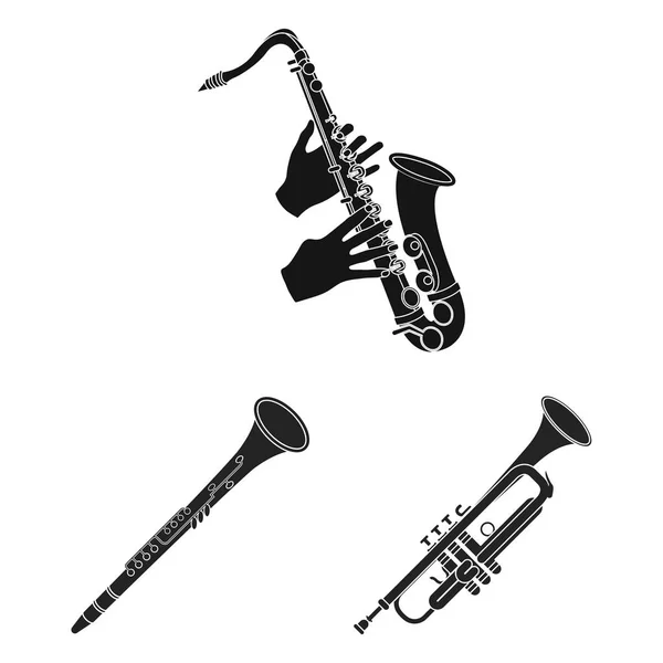 트럼펫 및 금관 악기 사인의 벡터 그림입니다. 웹에 대 한 주식 기호 트럼펫과 색소폰의 컬렉션. — 스톡 벡터