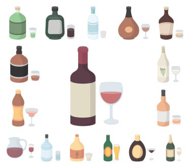 Set koleksiyonu tasarım için alkol karikatür simgeleri türleri. Alkol şişeleri vektör simge stok web çizimde.