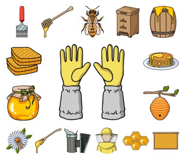 Set koleksiyonu tasarım için arı kovanı ve arıcılık karikatür simgeler. Ekipman ve bal üretim sembol stok web illüstrasyon vektör.