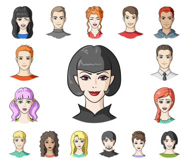 Set koleksiyonu tasarım için Avatar ve yüz karikatür simgeler. Bir kişi görünümü vektör simge stok web çizim.