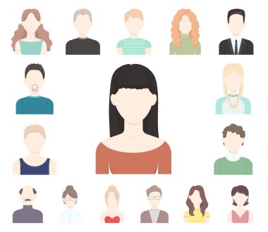 Set koleksiyonu tasarım için Avatar ve yüz karikatür simgeler. Bir kişi görünümü vektör simge stok web çizim.