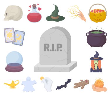 çizgi film ve white magic set koleksiyonu tasarım için simgeleri karikatür. Sembol stok web illüstrasyon vektör öznitelikleri ve büyücü aksesuarları.