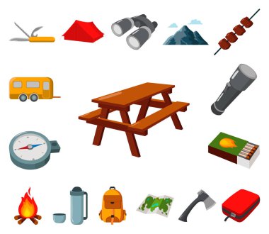 Set koleksiyonu tasarım için kamp karikatür Icons bekletin. Kamp ve ekipman sembol stok illüstrasyon vektör.