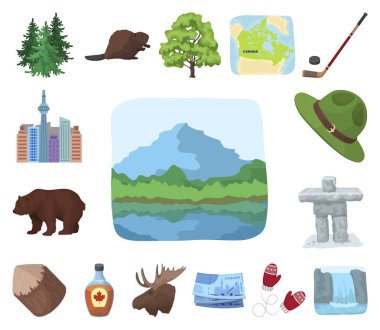 Set koleksiyonu tasarım için ülke Kanada karikatür simgeler. Kanada ve dönüm noktası sembol stok web illüstrasyon vektör.