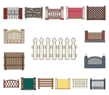 Set koleksiyonu tasarım için farklı çit karikatür simgeler. Dekoratif eskrim sembol stok web illüstrasyon vektör.