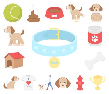 Köpek karikatür simgeleri set koleksiyonu tasarım için evde beslenen hayvan. Köpek yavrusu vektör simge stok web çizim için bakım.