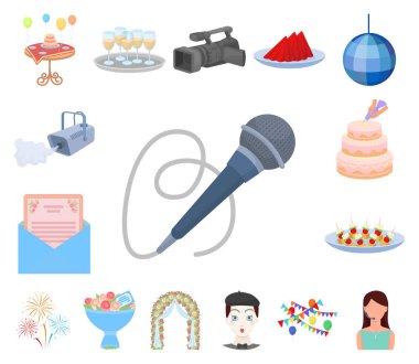 Set koleksiyonu tasarım için olay organizasyon karikatür simgeler. Kutlama ve öznitelikleri sembol stok web illüstrasyon vektör.