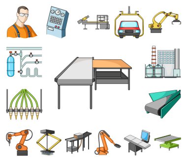 Ekipman ve makine karikatür simgeleri set koleksiyonu tasarım için. Fabrika vektör simge stok web çizim teknik ilerleme.
