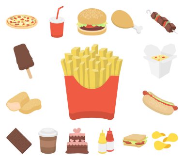 Fast food çizgi film set koleksiyonu tasarım için simgeler. Yarı bitmiş ürünler gıdalardan sembol stok web illüstrasyon vektör.