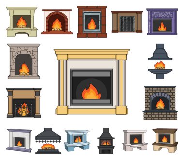 Şömine çeşitleri set koleksiyonu tasarım için simgeleri karikatür. Şömineler inşaat vektör simge stok web çizimi.