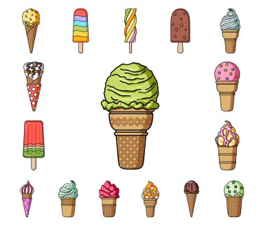 Set koleksiyonu tasarım için farklı dondurma karikatür simgeler. Tatlı ve tatlılık sembol stok web illüstrasyon vektör.