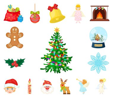 Noel öznitelikleri ve aksesuarlar set koleksiyonu tasarım için simgeleri karikatür. Neşeli Noel vektör simge stok çizim.