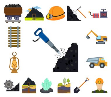 Madencilik Sanayi karikatür simgeleri set koleksiyonu tasarım için. Cihazlar ve sembol stok illüstrasyon vektör.