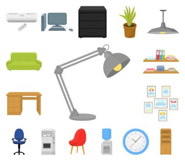 Set koleksiyonu tasarım için işyeri karikatür simgeleri iç. Ofis mobilya vektör simge stok web çizim.