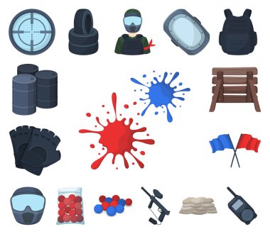 Paintball takım oyun karikatür simgeleri set koleksiyonu tasarım için. Ekipman ve kıyafet sembol stok web illüstrasyon vektör.