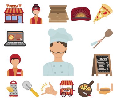 Set koleksiyonu tasarım için pizza ve pizza karikatür simgeler. Personel ve ekipman sembol stok web illüstrasyon vektör.