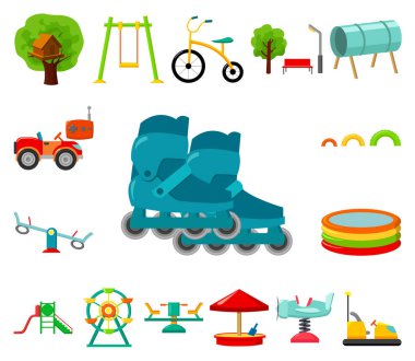 Bahçesi, eğlence çizgi film set koleksiyonu tasarım için simgeler. Sembol stok web illüstrasyon vektör cazibe ve ekipman.