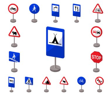 Yol işaretleri farklı set koleksiyonu tasarım için simgeleri karikatür. Uyarı ve yasağı işaretler sembol stok illüstrasyon vektör.