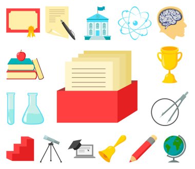 Set koleksiyonu tasarım için okul ve eğitim karikatür simgeler. Üniversite, ekipman ve aksesuarları sembol stok web illüstrasyon vektör.