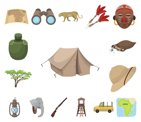 African Safari cartoon icons in set collection for design. Trophies and equipment for Safari vector symbol stock web illustration. — Stock Vector