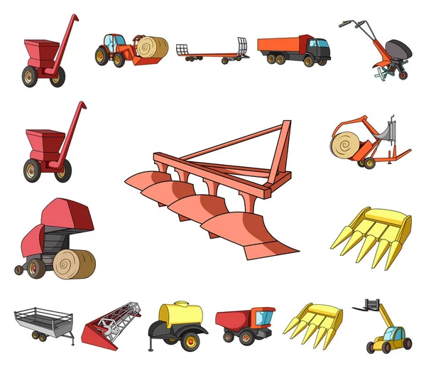 Agricultural machinery cartoon icons in set collection for design. Equipment and device vector symbol stock web illustration. — Stock Vector