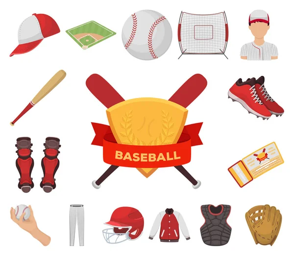 Honkbal Kenmerken Cartoon Pictogrammen Set Collectie Voor Design Honkballer Apparatuur — Stockvector