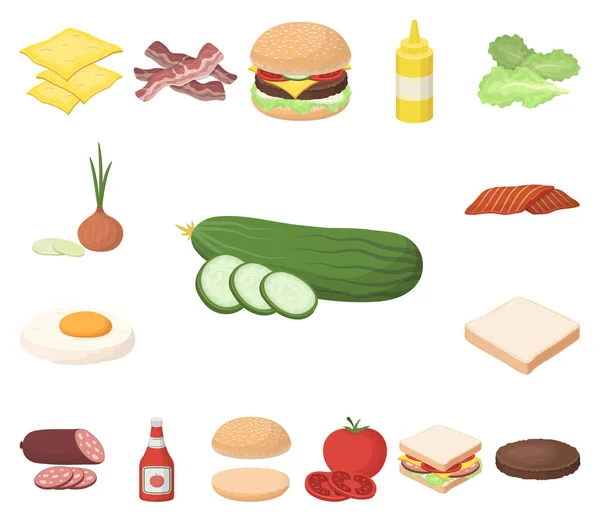 Burger et ingrédients icônes de dessin animé dans la collection ensemble pour le design. Burger cuisson vecteur symbole stock web illustration . — Image vectorielle