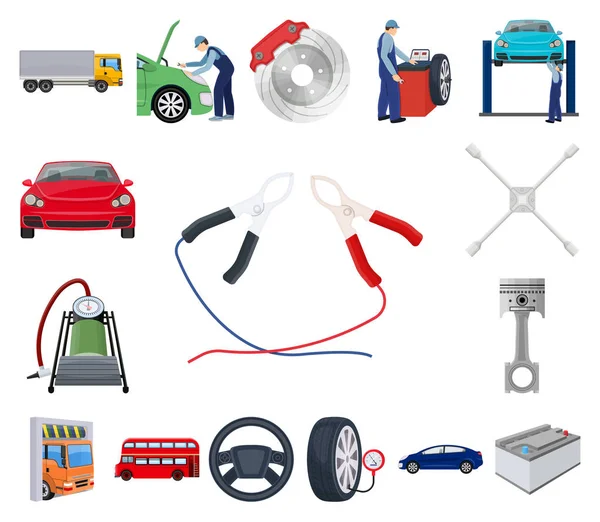 Ícones de desenhos animados de carro, elevador, bomba e outros equipamentos na coleção de conjuntos para design. Estação de manutenção do carro símbolo vetorial ilustração web . — Vetor de Stock