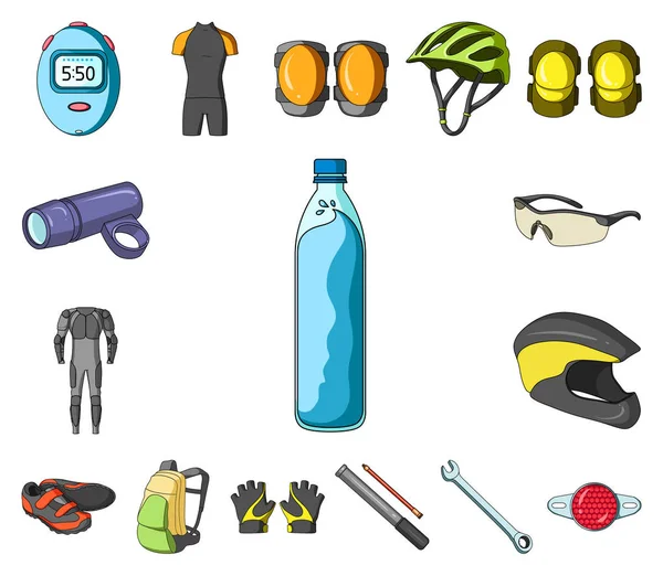 Ikony kreskówka strój rowerów w kolekcja zestaw do projektowania. Rower i narzędzia symbol web czas ilustracja wektorowa. — Wektor stockowy