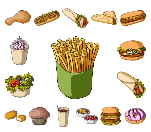 Fast food rajzfilm ikonok beállítása gyűjtemény a design. Félkész termékek élelmiszer szimbólum állomány honlap illusztráció vektor. — Stock Vector
