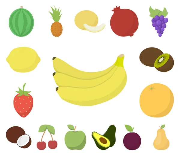 Különböző gyümölcsök ikonok beállítása gyűjtemény, design rajzfilm. Gyümölcsök és vitaminok vektor szimbólum állomány honlap illusztráció. — Stock Vector