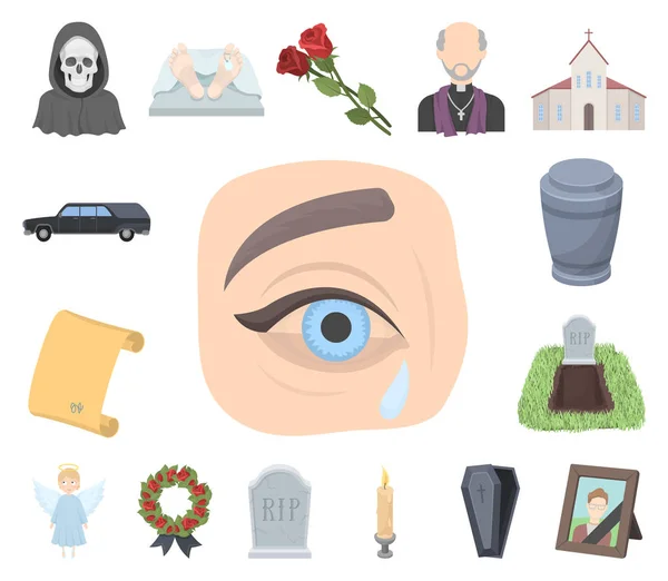 Iconos de dibujos animados de ceremonia funeraria en la colección de conjuntos para el diseño. Funerales y atributos vector símbolo stock web ilustración . — Archivo Imágenes Vectoriales