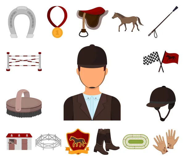 Hippodrome and horse cartoon icons in set collection for design. Horse Racing and Equipment vector symbol stock web illustration. — Stock Vector