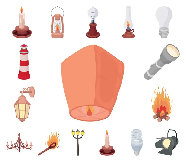 Ljuskällan tecknad ikoner i set insamling för design. Ljus och utrustning vektor symbol lager web illustration. — Stock vektor