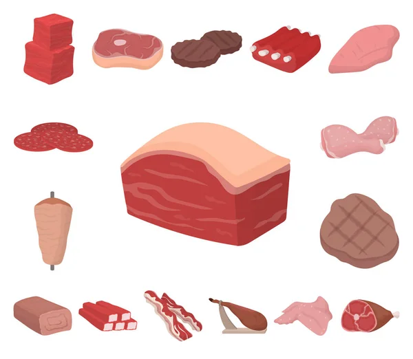 Ícones de desenhos animados de carne diferentes na coleção de conjuntos para design. Carne produto vetor símbolo web ilustração . —  Vetores de Stock