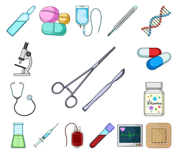 Medicina e trattamento icone dei cartoni animati in collezione set per il design. Illustrazione web stock simbolo vettoriale di medicina e attrezzature . — Vettoriale Stock