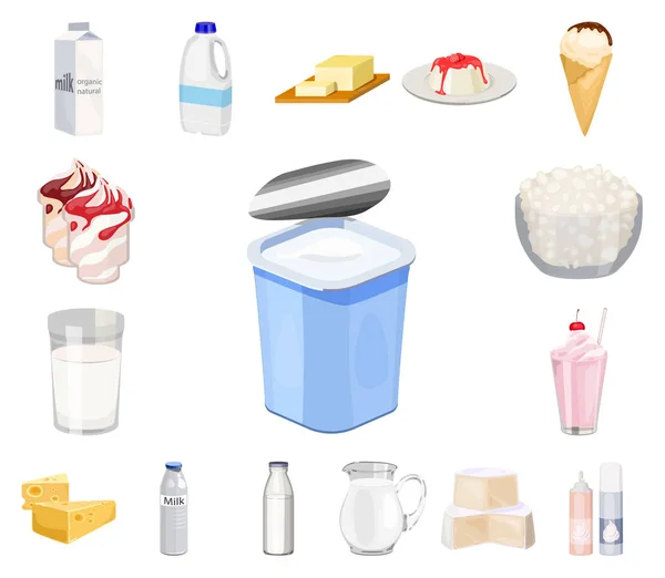 Iconos de dibujos animados de productos lácteos en la colección de conjuntos para design.Milk y vector de alimentos símbolo de stock web ilustración . — Vector de stock