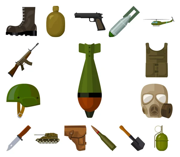 Armee und Bewaffnung Cartoon-Ikonen in Set-Kollektion für Design. Waffen und Ausrüstung Vektor Symbol Stock Web Illustration. — Stockvektor