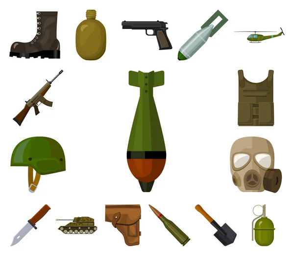 Ejército y armamento iconos de dibujos animados en la colección de conjuntos para el diseño. Armas y equipo vector símbolo stock web ilustración . — Vector de stock