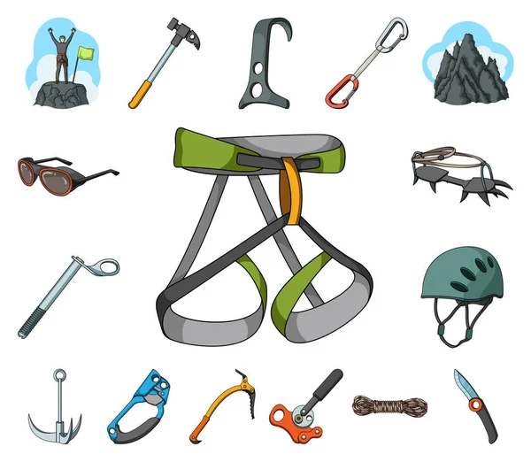 Montañismo y escalada iconos de dibujos animados en la colección de conjuntos para el diseño. Equipo y accesorios vector símbolo stock web ilustración . — Vector de stock