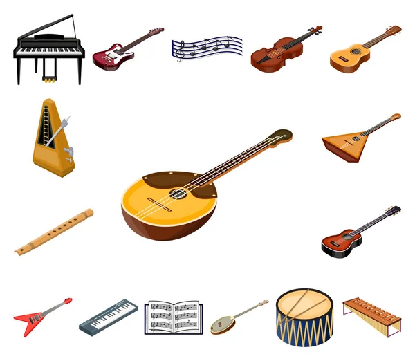Instrumento musical iconos de dibujos animados en colección de conjuntos para el diseño. Instrumento de cuerda y viento vector isométrico símbolo stock web ilustración . — Vector de stock