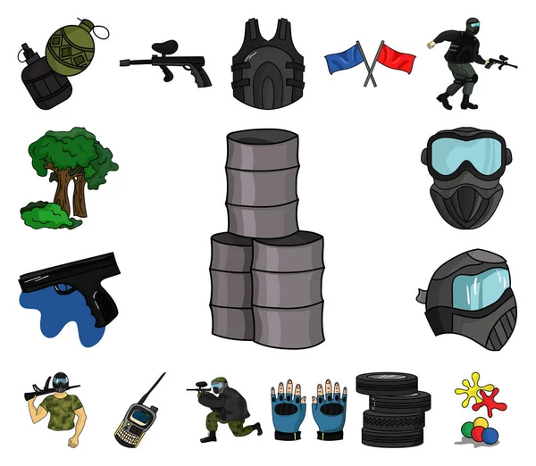 Paintball, ícones de desenhos animados de jogo de equipe na coleção de conjuntos para design. Equipamento e equipamento símbolo vetorial ilustração web estoque . — Vetor de Stock